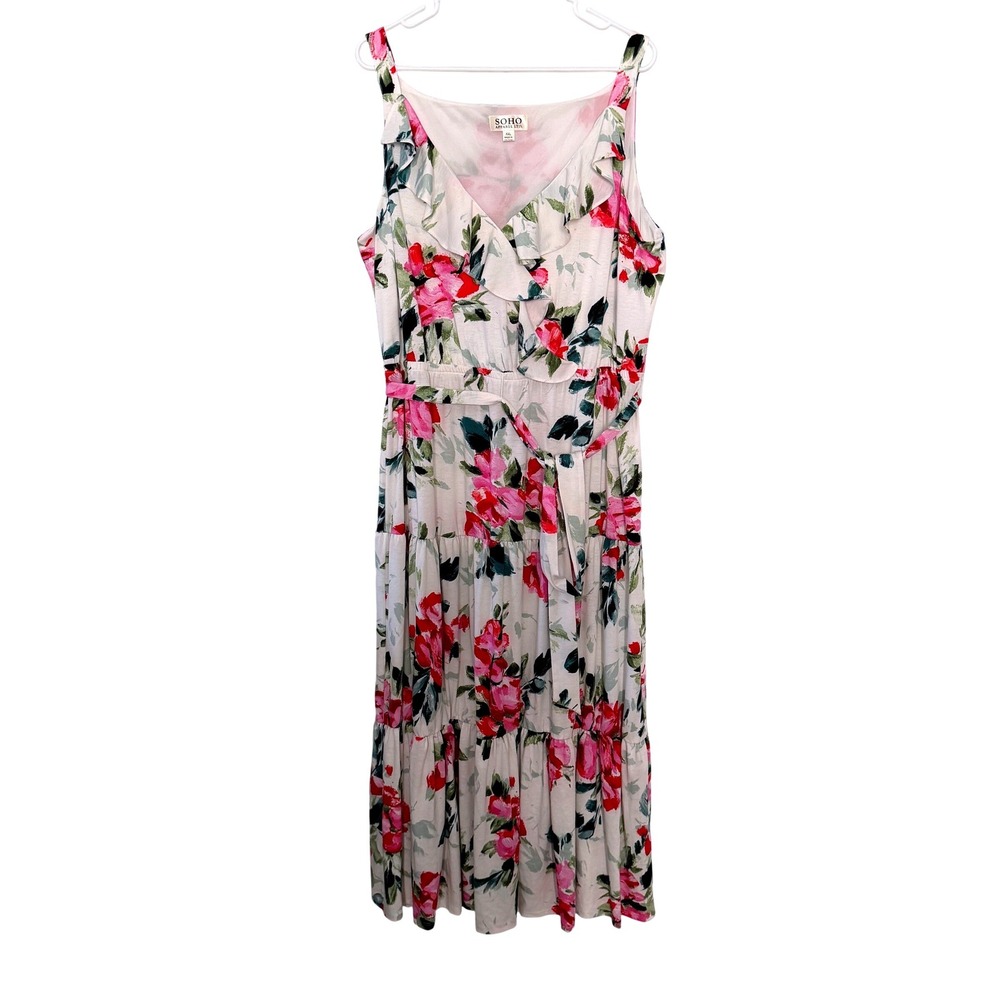 SOHO Apparel Ltd Womens XXL Floral Maxi Dress Ivory Pink Ruffle Faux Wrap Belted